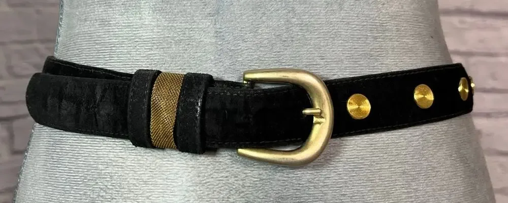 Unique Retro Glam/Mobwife/Y2K Black Suede Belt with Gold Rivets